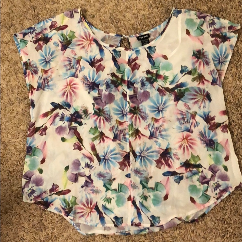 Torrid sheer open back short sleeve blouse